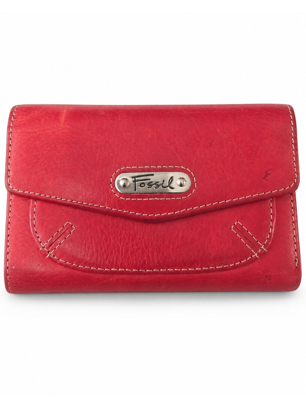Fossil red genuine leather trifold wallet zip coin pocket ID card holder